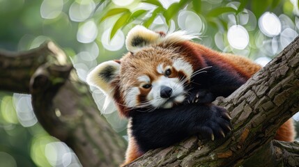 Red panda perched on a tree branch with sunlight
