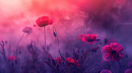Red poppy stands out in a dreamy field, surrounded by soft focus and a mystical ambiance