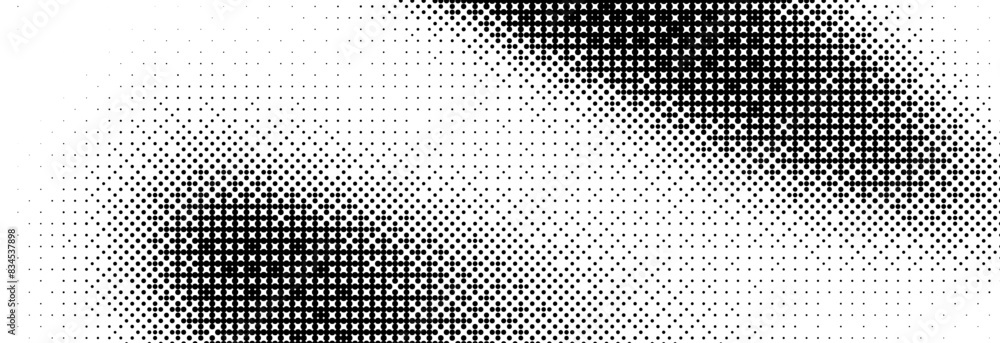 Poster Bitmap grunge gradient texture. Black and white pixelated dither wave pattern. Abstract glitchy 8 bit game wallpaper. Retro wide rasterized backdrop. Pixel art illustration. Vector background