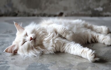 Fluffy white cat in a serene pose, lying on its back with stretched limbs on an indoor cement floor