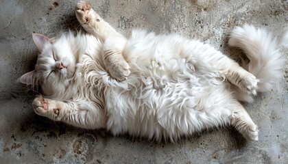 White fluffy cat enjoying a tranquil moment, lying on its back, limbs stretched on a cement floor indoors