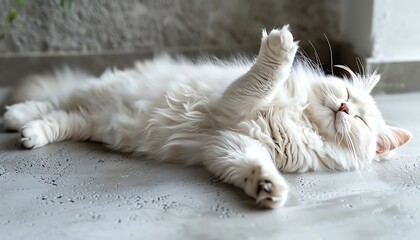 White fluffy cat enjoying a tranquil moment, lying on its back, limbs stretched on a cement floor indoors