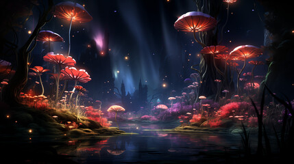 AI-generated futuristic nature scenes, bioluminescent flora, ethereal atmosphere, high-resolution