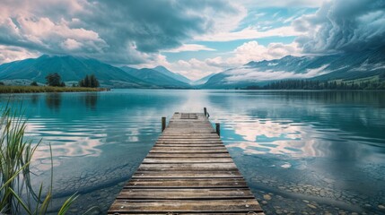 Tranquil lake with wooden pier and mountains