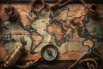Fototapeta premium a vintage nautical map, complete with old compass, spyglass, and knotted ropes, exploration theme