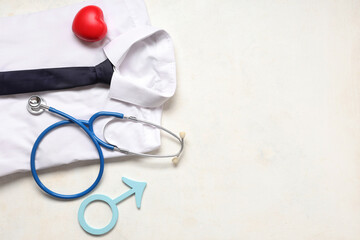 Shirt, heart, stethoscope and male sign on white background. Prostate cancer awareness