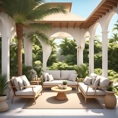 Obraz premium Backyard with Outdoor Furniture - Sofa and Armchairs. Shade Gazebo and Palm Trees. Exotic Terrace Porch Garden for Relaxation. Sunny Day on the Veranda Patio. Outdoor Place. 3D Rendering.