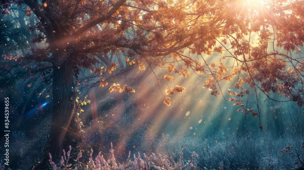 Poster sunlight filtering through autumn tree