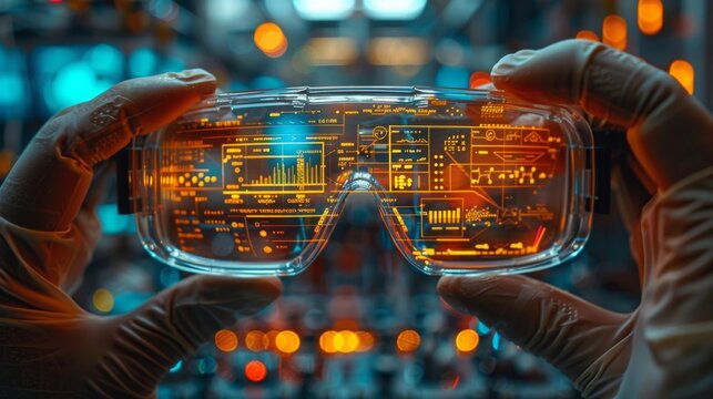 Leader's hand adjusts AR glasses in high-tech lab, exploring tech, futuristic equipment blurred in background.