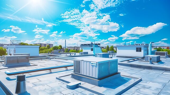 an industrial rooftop with HVAC units, clear blue skies with scattered clouds, intricate piping