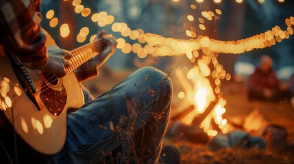 cozy evening scene a person playing an acoustic guitar by a campfire, surrounded by friends in a blurred background