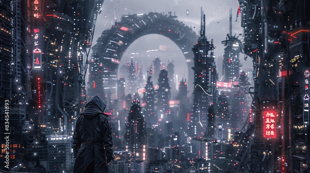 Poster a futuristic cityscape with digital holograms and augmented reality interfaces illustrating the inte