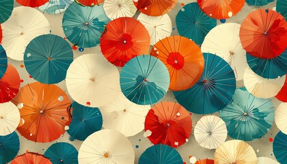 Vector illustration design of abstract seamless background, paper umbrellas pattern, fall season colors, turquoise blue, red orange, beige white, ideal for banners and posters