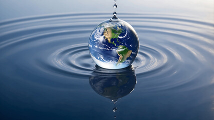 World environment day, A water droplet above a reflective water surface contains an image of the Earth, emphasizing the planet's continents and oceans