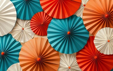 Abstract seamless background with paper umbrellas, pattern vector illustration design, turquoise blue, red orange, beige white, perfect for fall season banners and posters