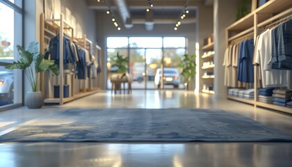 Fototapeta premium Front view of beautiful store interior, modern boutique shop, clothes on hangers, copy space, bright daylight, blurred background