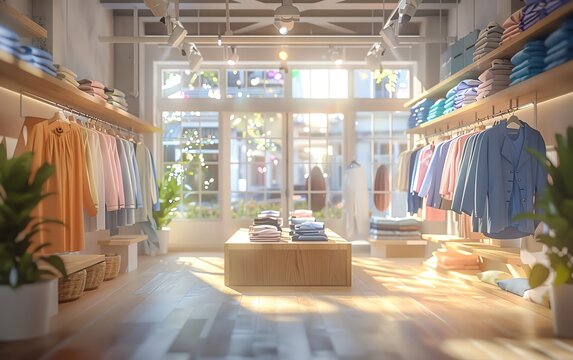 Beautiful modern store, interior design, clothes on hangers, copy space, front view, bright daylight, blurred background, boutique shop