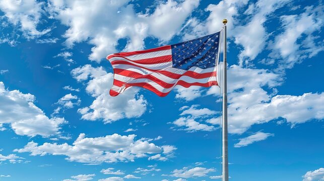 American flag waving in the wind against a bright blue sky with scattered clouds, symbolizing freedom and patriotism.