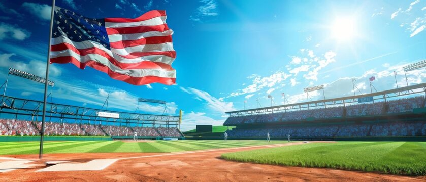 A bright sunny day at a baseball stadium with an American flag waving prominently in the foreground against a clear blue sky.