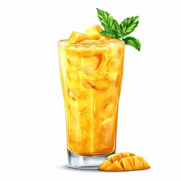 mango smoothie in a tall glass, topped with a mint garnish