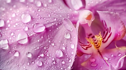 Close-up of orchid flower petals with water drops. top down view, flat lay