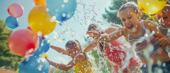Joyful kids playing with water balloons on a sunny day, splashing and laughing, celebrating summer fun outdoors with friends.