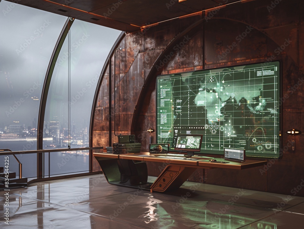Poster high-tech workspace featuring holographic displays and digital interfaces, designed for illustrating
