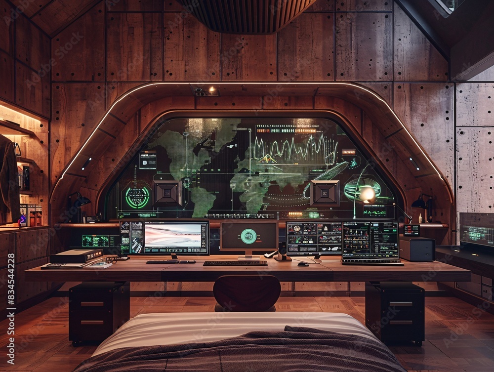 Poster high-tech workspace featuring holographic displays and digital interfaces, designed for illustrating