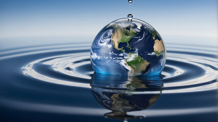 World environment day, A water droplet above a reflective water surface contains an image of the Earth, emphasizing the planet's continents and oceans