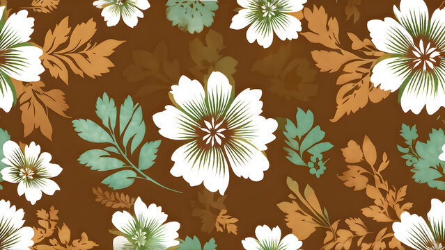Seamless floral pattern with batik, tie-dye flower and leaf background elements in brown and green autumn colors