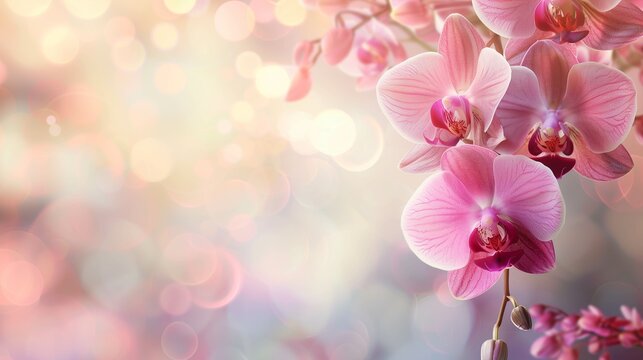 orchid flowers in the corner over soft blur nature background copy space for text