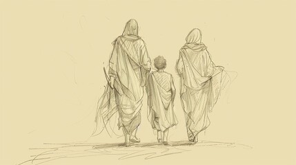 Obraz premium Biblical Illustration of Genesis 35: Jacob's Return to Bethel, Deaths of Rachel and Isaac, God's Covenant Renewal with Jacob on Beige Background with Copyspace for Themes of Covenant Renewal and Loss