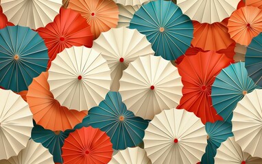 Naklejka premium Vector illustration design of abstract seamless background, paper umbrellas pattern, fall season colors, turquoise blue, red orange, beige white, ideal for banners and posters