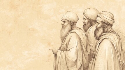 Fototapeta premium Biblical Illustration of Job 18: Bildad's second speech, describing fate of the wicked, implying Job's suffering due to wrongdoing, Beige Background, copyspace