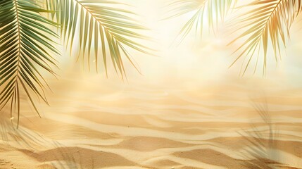 Wide panoramic view of a golden sand beach with softly blurred palm leaves, perfect for a summer-themed banner