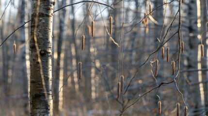 Catkin dangling from the branches of leafless trees in the woods