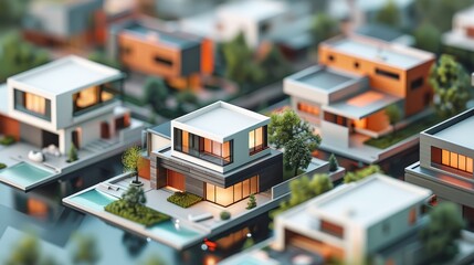 Close-up, detailed 3D illustration of a group of modern houses, showcasing elegant, minimalist design and contemporary materials