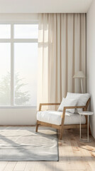 Serene hotel room interiors with natural light and warm tones. Hotel interior design composition with minimal decor.