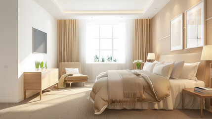 Serene hotel room interiors with natural light and warm tones. Hotel interior design composition with minimal decor.