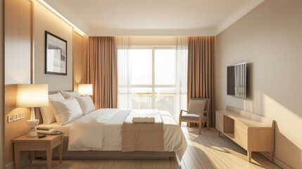 Fototapeta premium Serene hotel room interiors with natural light and warm tones. Hotel interior design composition with minimal decor.