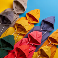 Several hoodies spread on colorful background.