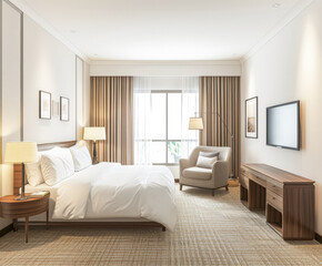 Serene hotel room interiors with natural light and warm tones. Hotel interior design composition with minimal decor.