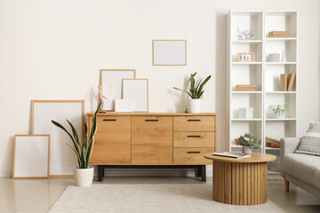 Chest of drawers, shelving unit, plants and frames in living room