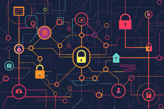 encrypted network nodes and connections flat design front view secure communication theme cartoon drawing Analogous Color Scheme.