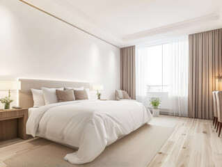 Serene hotel room interiors with natural light and warm tones. Hotel interior design composition with minimal decor.