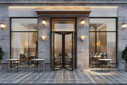 highend restaurant front view gourmet theme 3D render Colored Pastel.