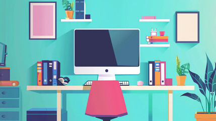 minimalist workspace flat design front view office theme animation vivid.