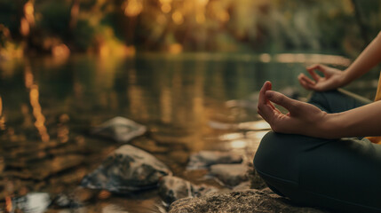 A close-up of a person meditating in a peaceful natural setting, highlighting the mindfulness...
