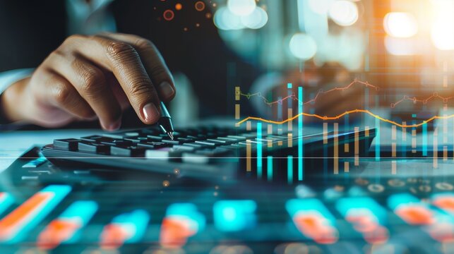 Accountant's hand on a calculator, double exposure with financial graphs and statistical data, symbolizing analytical proficiency