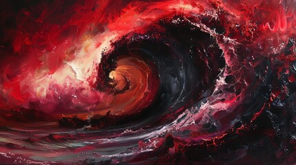 Abstract depiction of an ocean wave with rich ruby and burgundy hues, enhanced by complex garnet-like textures and dynamic flow